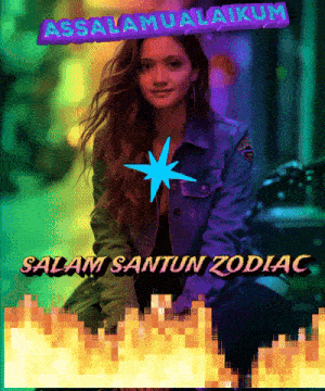 a woman in a denim jacket with the words assalamualaikum salam santun zodiac behind her
