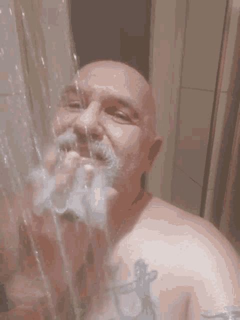 a bald man with a beard is taking a shower in a bathroom