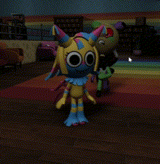 a pixelated image of a cartoon character with horns and a green background