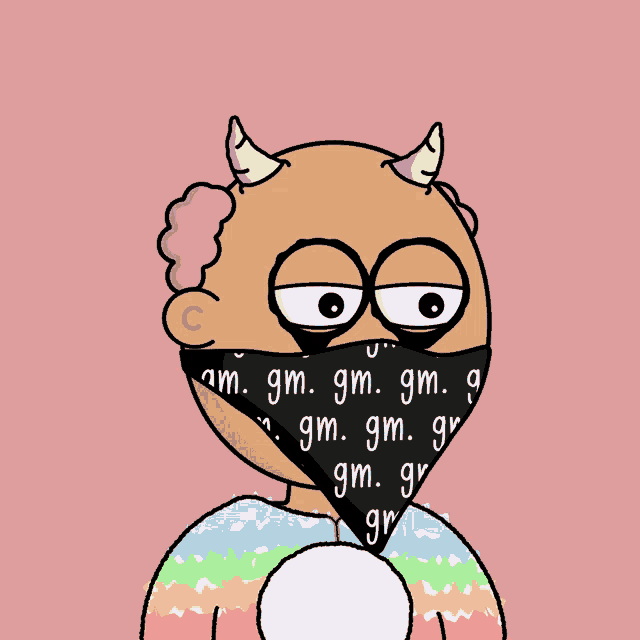 a cartoon character with horns and a bandana that says gm