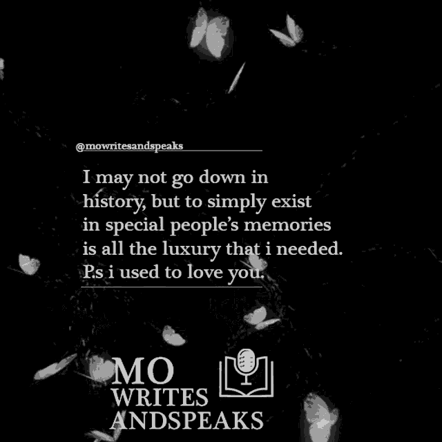 a quote from mo writes and speaks is surrounded by butterflies and feathers