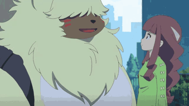 a cartoon drawing of a girl standing next to a monster with a beard
