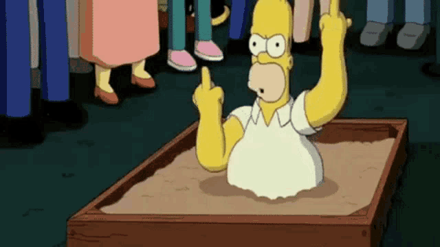 homer simpson is standing in a sandbox giving the middle finger .