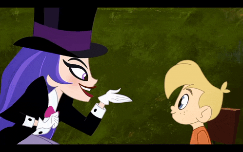 a cartoon character wearing a top hat is talking to a boy .