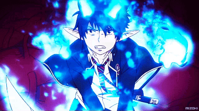 a drawing of a man with blue flames and the word mizaki on the bottom right
