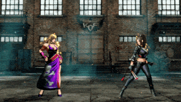 two female fighters are standing in front of a building that has the word kof on it
