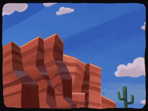 a cartoon drawing of a canyon with a cactus and clouds