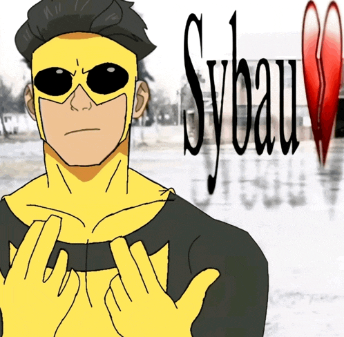 a cartoon of a man in a yellow superhero costume with sybau written in black