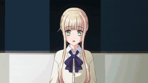 a blonde anime girl wearing a white shirt and blue bow tie