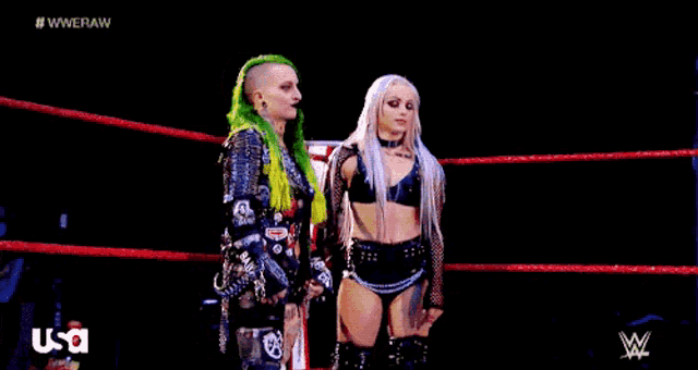 two female wrestlers are standing in a wrestling ring .