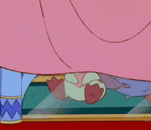 a cartoon duck is sitting on a bed with a pink curtain behind it .
