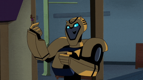 a cartoon of a robot holding a pink object in his hand