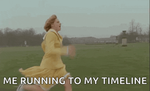 a woman in a yellow dress is running in a field with the words `` me running to my timeline '' behind her .