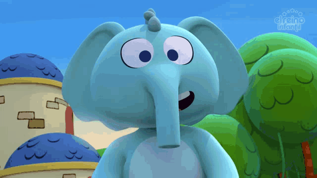 a cartoon elephant is standing in front of some buildings and trees and a sign that says croma infantis