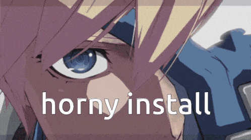 a close up of a person with horny install written on the bottom