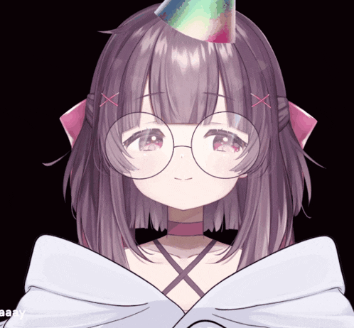 a close up of a girl wearing glasses and a party hat on a black background