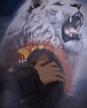a woman is covering her face in front of a lion with its mouth open