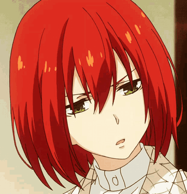 a close up of a red haired anime character with a white shirt and green eyes