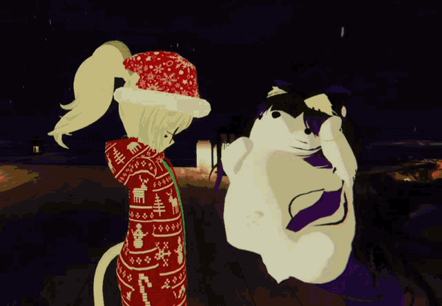 a girl wearing a santa hat stands next to a white cat