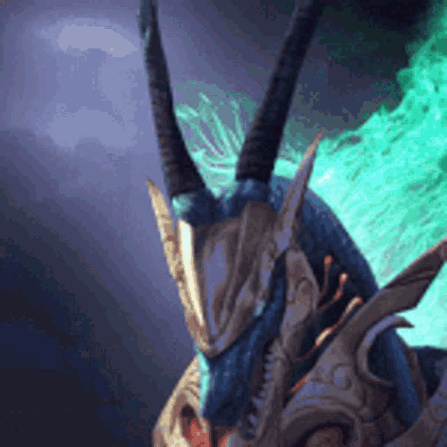 a dragon with horns and a helmet is standing in the dark .