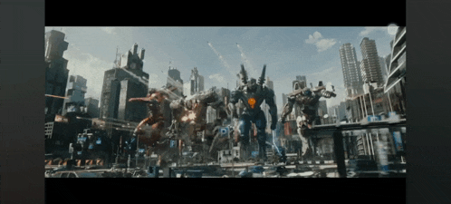 a group of robots are standing in front of a city with buildings