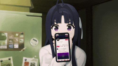 a girl with purple eyes is holding a cell phone with a purple screen