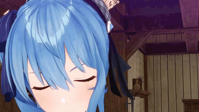 a close up of a blue haired anime character with closed eyes