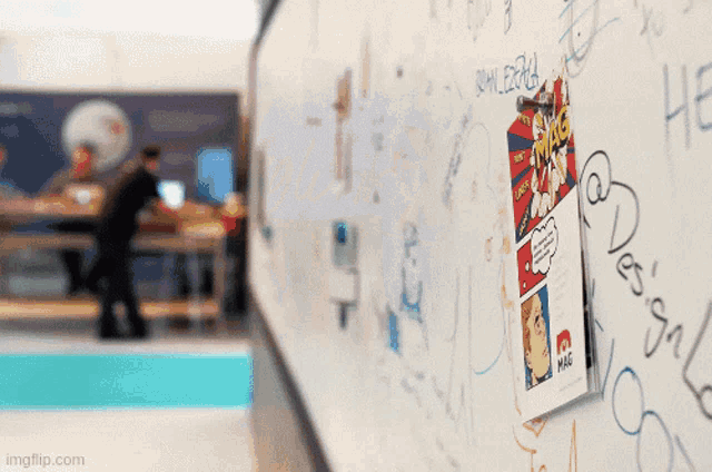 a comic book is hanging on a white board with graffiti on it including one that says ' imgflip.com '
