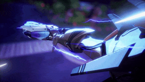 a purple lightning bolt is coming from a futuristic object