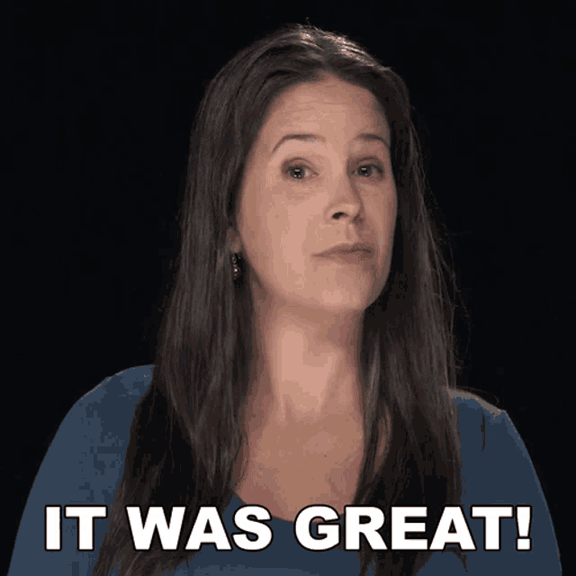 a woman says it was great in a black background