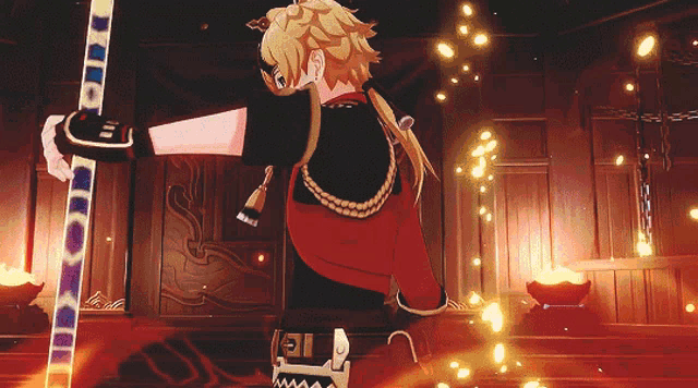 a person in a video game holding a sword with the letter e on it