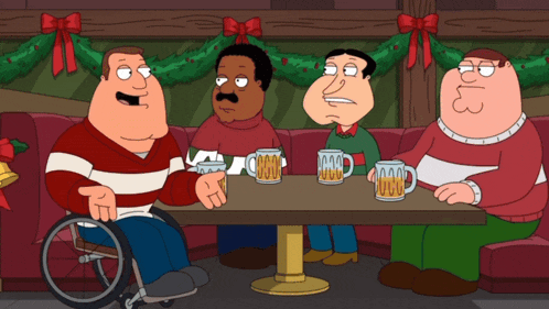 a group of cartoon characters sitting at a table with mugs of beer