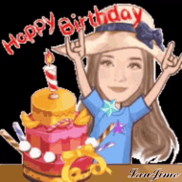 a cartoon of a woman with a birthday cake and the words happy birthday on the bottom