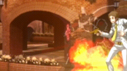 a man in a suit and tie is standing in front of a large fire