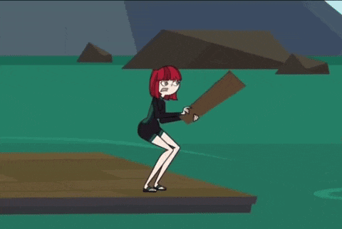 a cartoon drawing of a swimming pool with a wooden dock in the background