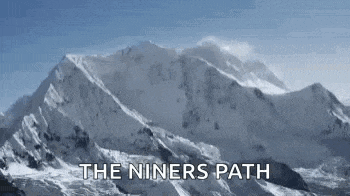 a snow covered mountain with the words `` the niners path '' written on it .