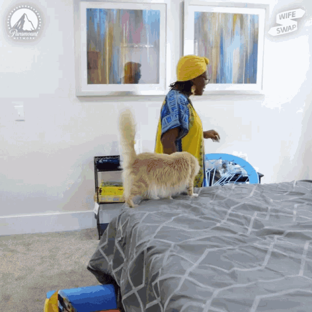 a woman standing next to a cat on a bed with a paramount logo on the wall behind her