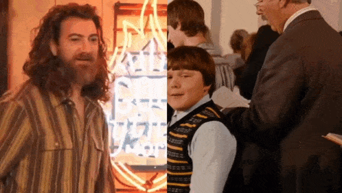 a man with a beard is next to a boy in front of a neon sign that says ' rock ' on it
