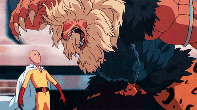 a cartoon of a man standing next to a large monster