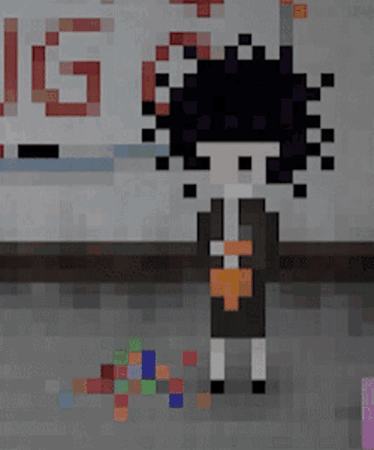 a pixel art of a girl standing in front of a sign that says " lg "