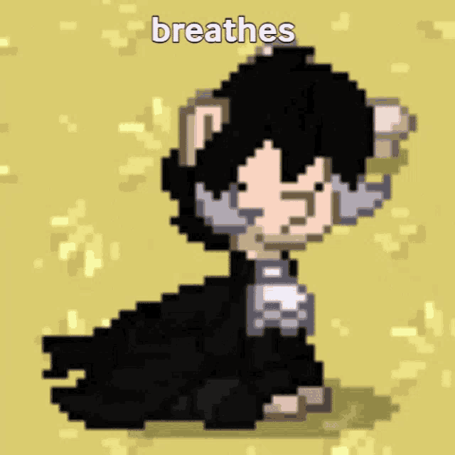 a pixel art drawing of a person with the words breathes written above them
