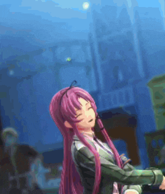 a girl with purple hair is standing in front of a building that says ' a & b ' on it