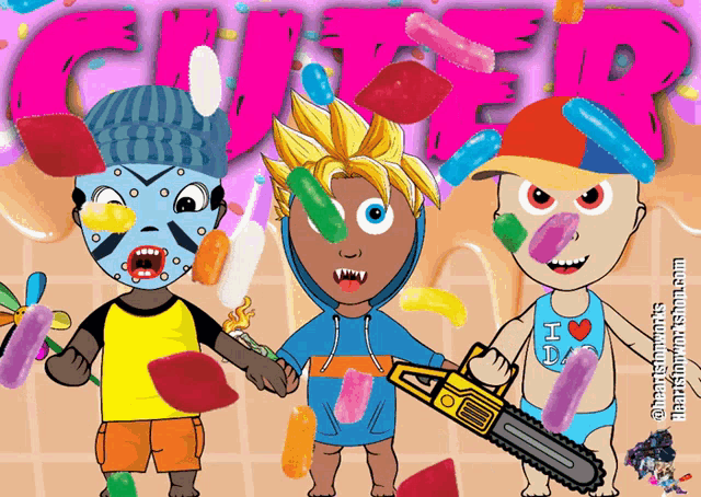 a cartoon drawing of three kids with gummy bears on their faces and the word crushed behind them