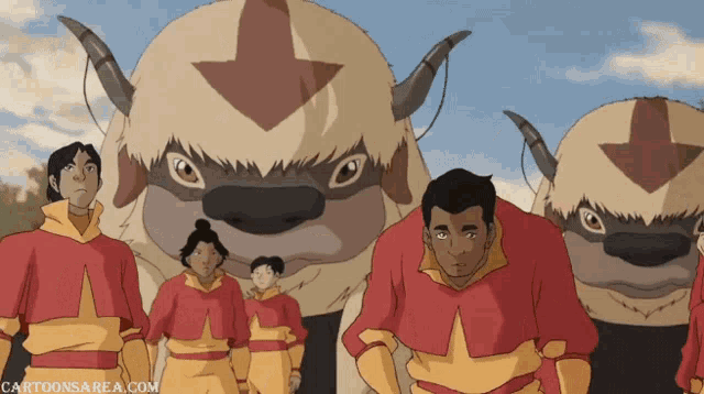 a group of people are standing in front of a cartoon character with the website cartoonsarea.com in the corner