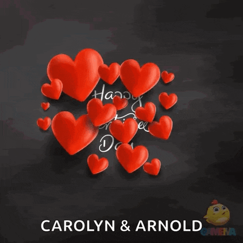 a valentine 's day greeting card with red hearts and the name carolyn and arnold