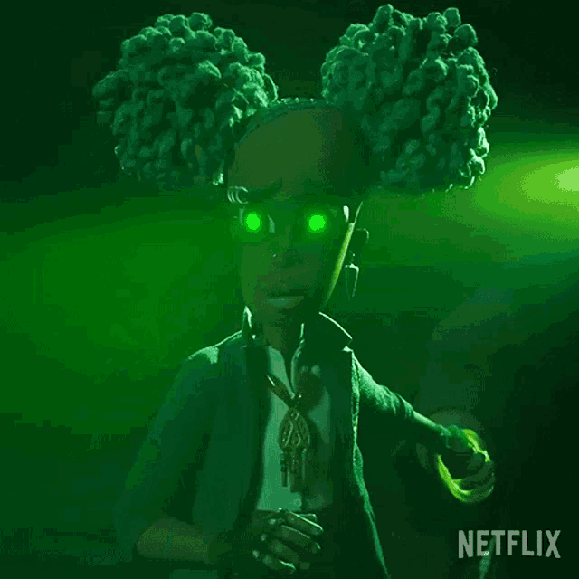a cartoon character with green hair and green eyes is saying no