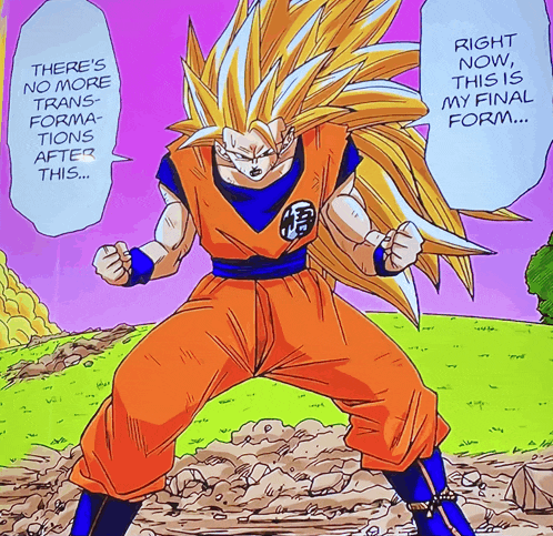 a cartoon of a dragon ball z character with a speech bubble that says right now this is my final form