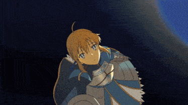 a cartoon character with a sword and shield looks down