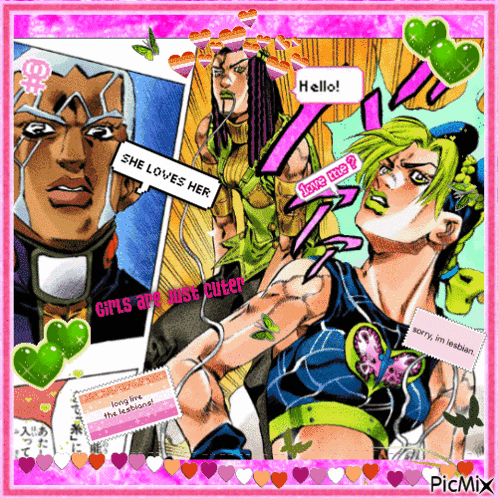 a collage of jojo 's bizarre adventure characters with the words she loves her in the middle