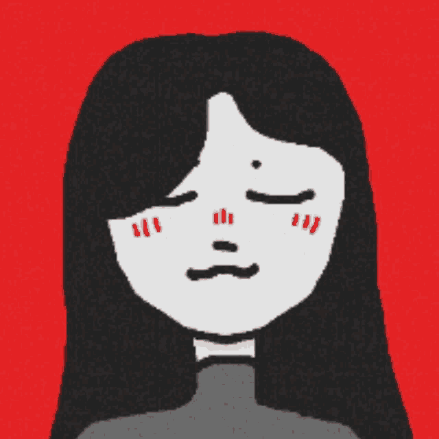 a drawing of a girl with long black hair and a gray shirt